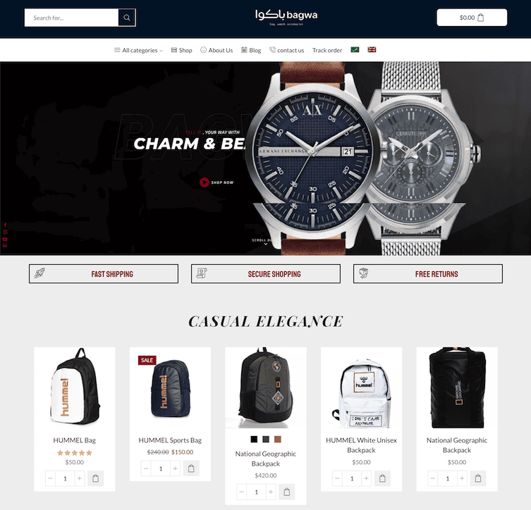 Rendu final du site e-commerce Bagwa – Design moderne pour une boutique en ligne.